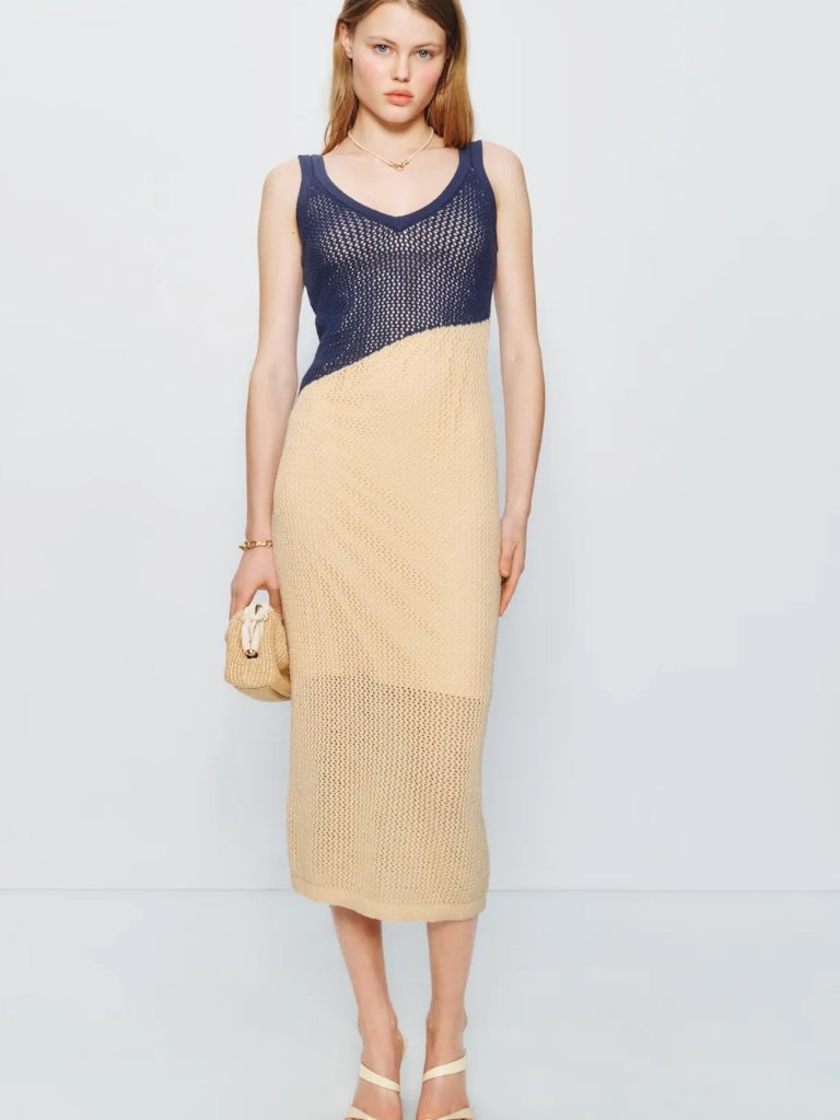 Toccin X Rtr Crochet Tank Midi Dress In Navy Blue & Cream Sleeveless Knit Xs